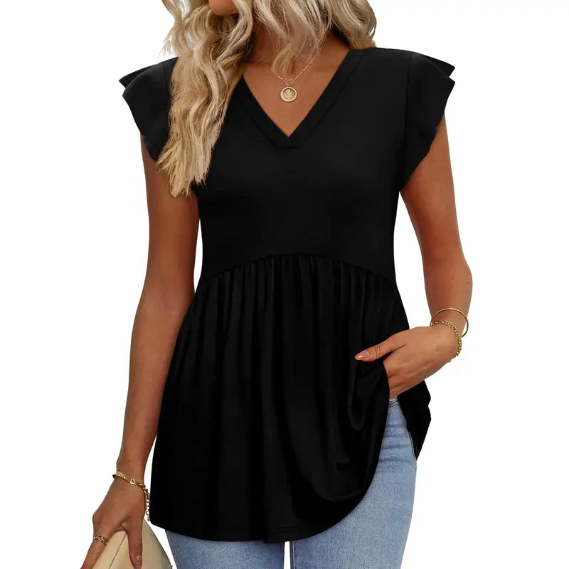 Women's Summer Babydoll Tops 2026 - V Neck Ruffle Sleeve Dressy Casual Blouses for Spring & Summer