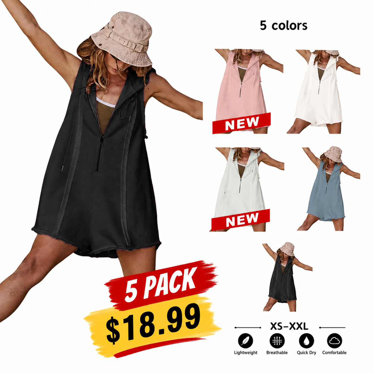 ✨Women's Sleeveless Hooded Half-Zip V-Neck Loose Shorts Jumpsuit with Pockets, Athleisure Style Minimalist Basic Workout Jumpsuit for Summer Casual Fitness Outfits,summerwins,summeroutfits,vacationoutfits,bathingsuitwomenset,beachoutfits✨