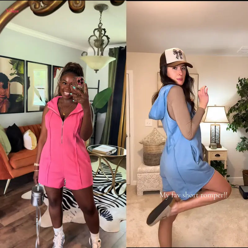 ✨Women's Sleeveless Hooded Half-Zip V-Neck Loose Shorts Jumpsuit with Pockets, Athleisure Style Minimalist Basic Workout Jumpsuit for Summer Casual Fitness Outfits,summerwins,summeroutfits,vacationoutfits,bathingsuitwomenset,beachoutfits✨
