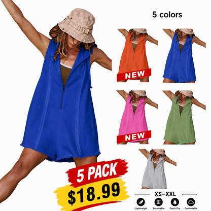 ✨Women's Sleeveless Hooded Half-Zip V-Neck Loose Shorts Jumpsuit with Pockets, Athleisure Style Minimalist Basic Workout Jumpsuit for Summer Casual Fitness Outfits,summerwins,summeroutfits,vacationoutfits,bathingsuitwomenset,beachoutfits✨