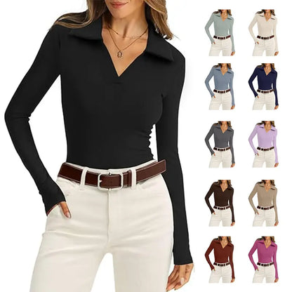 Womens Polo Shirts Long Sleeve Business Casual Tops Collared V Neck Ribbed Knit Sweater Slim Fit Blouses Womenswear Knitted Knitwear Chic