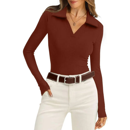 Womens Polo Shirts Long Sleeve Business Casual Tops Collared V Neck Ribbed Knit Sweater Slim Fit Blouses Womenswear Knitted Knitwear Chic