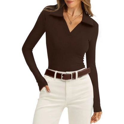 Womens Polo Shirts Long Sleeve Business Casual Tops Collared V Neck Ribbed Knit Sweater Slim Fit Blouses Womenswear Knitted Knitwear Chic