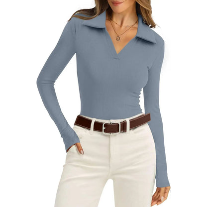 Womens Polo Shirts Long Sleeve Business Casual Tops Collared V Neck Ribbed Knit Sweater Slim Fit Blouses Womenswear Knitted Knitwear Chic