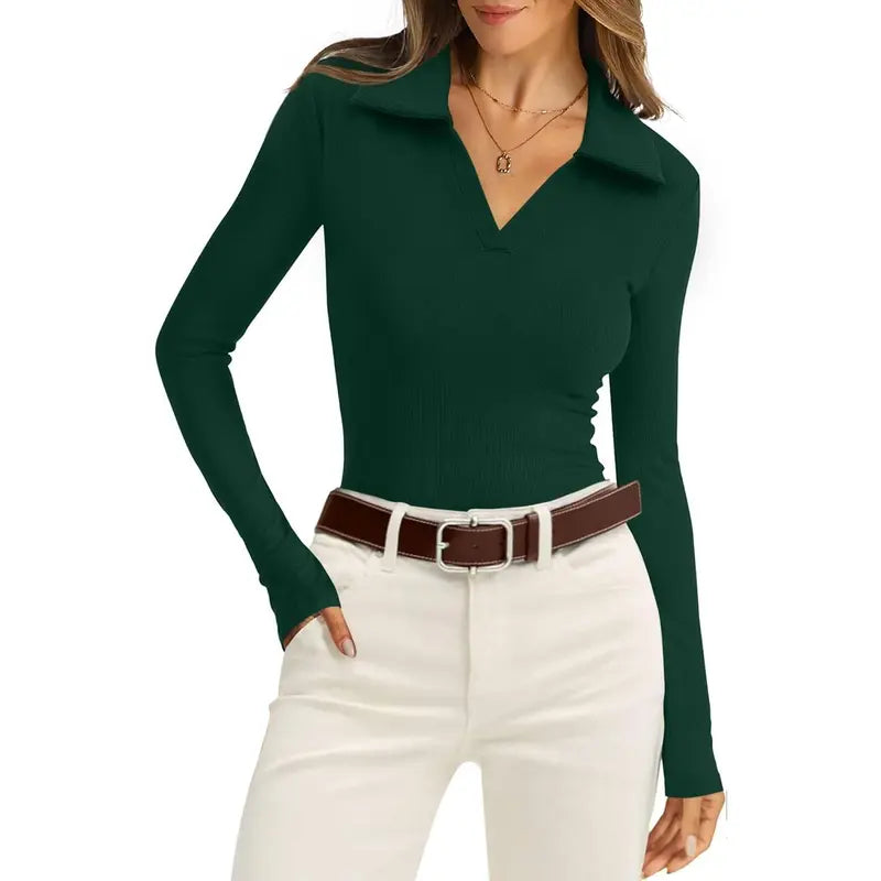 Womens Polo Shirts Long Sleeve Business Casual Tops Collared V Neck Ribbed Knit Sweater Slim Fit Blouses Womenswear Knitted Knitwear Chic
