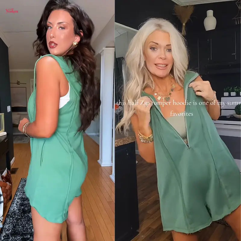 ✨Women's Sleeveless Hooded Half-Zip V-Neck Loose Shorts Jumpsuit with Pockets, Athleisure Style Minimalist Basic Workout Jumpsuit for Summer Casual Fitness Outfits,summerwins,summeroutfits,vacationoutfits,bathingsuitwomenset,beachoutfits✨