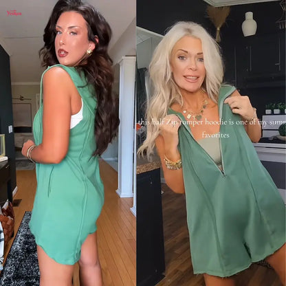 ✨Women's Sleeveless Hooded Half-Zip V-Neck Loose Shorts Jumpsuit with Pockets, Athleisure Style Minimalist Basic Workout Jumpsuit for Summer Casual Fitness Outfits,summerwins,summeroutfits,vacationoutfits,bathingsuitwomenset,beachoutfits✨