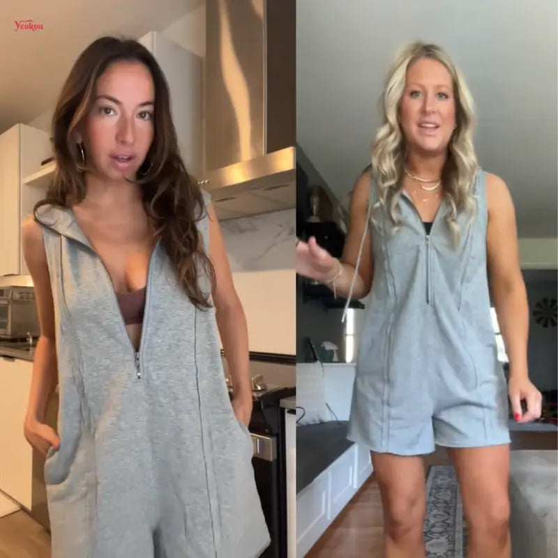✨Women's Sleeveless Hooded Half-Zip V-Neck Loose Shorts Jumpsuit with Pockets, Athleisure Style Minimalist Basic Workout Jumpsuit for Summer Casual Fitness Outfits,summerwins,summeroutfits,vacationoutfits,bathingsuitwomenset,beachoutfits✨