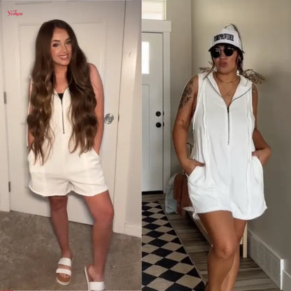 ✨Women's Sleeveless Hooded Half-Zip V-Neck Loose Shorts Jumpsuit with Pockets, Athleisure Style Minimalist Basic Workout Jumpsuit for Summer Casual Fitness Outfits,summerwins,summeroutfits,vacationoutfits,bathingsuitwomenset,beachoutfits✨