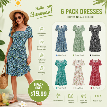 Women Square Neck Ditsy Floral Dress, Ruffle Empire Waist A-Line Sundress With Pockets