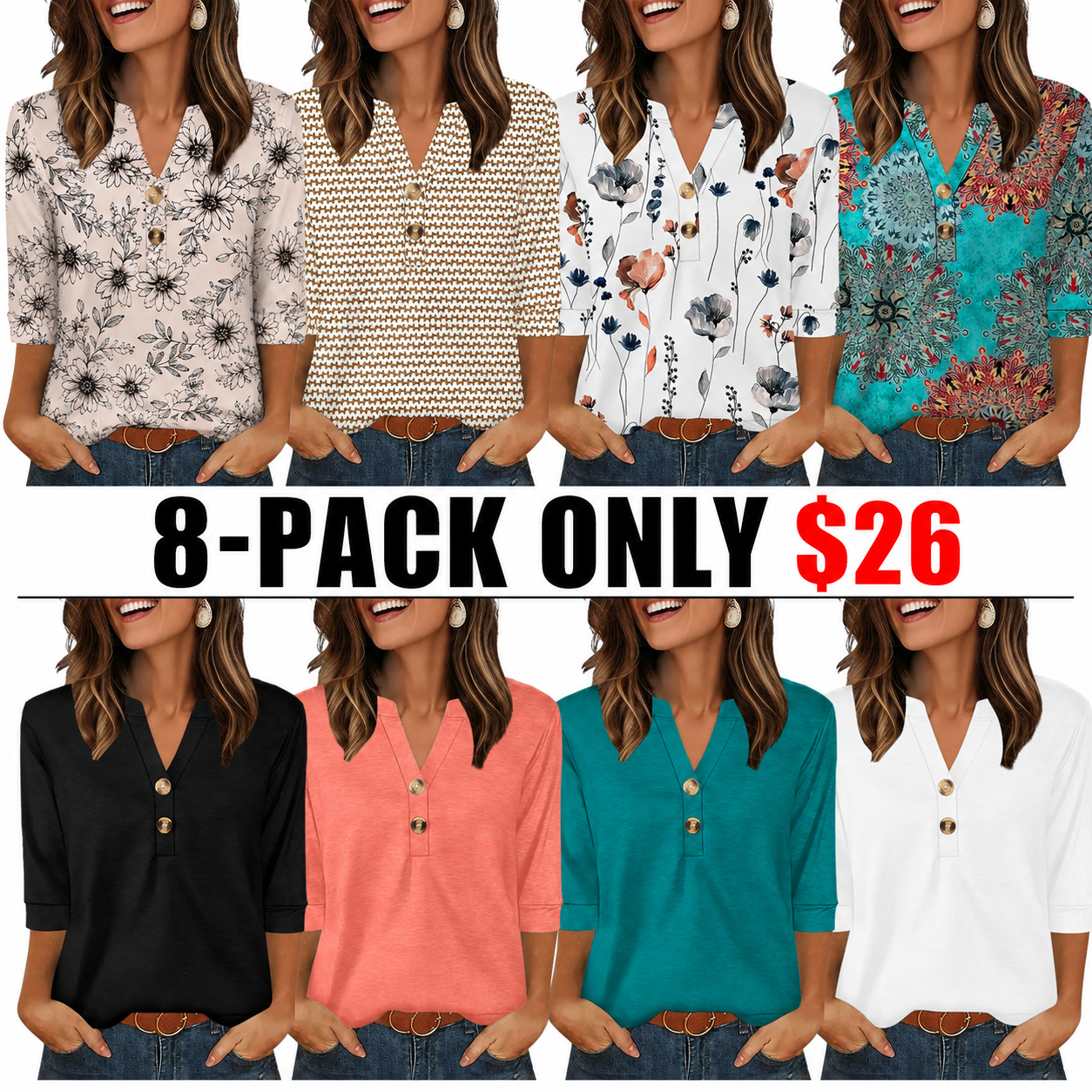 Womens Tops 3/4 Sleeve Heley Shirts for Women Summer Fashion Blouses