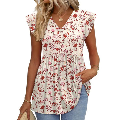 Women's Summer Babydoll Tops 2026 - V Neck Ruffle Sleeve Dressy Casual Blouses for Spring & Summer