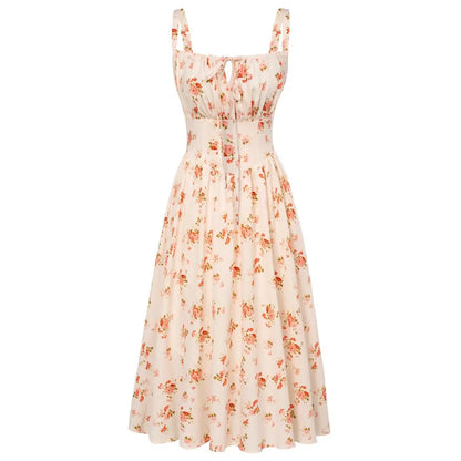 Women's Strappy Sleeveless Milkmaid Corset Flowy Midi Sundress - Floral Casual Wear